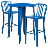 30" Round Blue Metal Bar 3-Piece Table Set With 2 Vertical Slat Back Stools