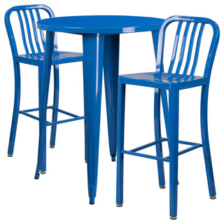 30" Round Blue Metal Bar 3-Piece Table Set With 2 Vertical Slat Back Stools