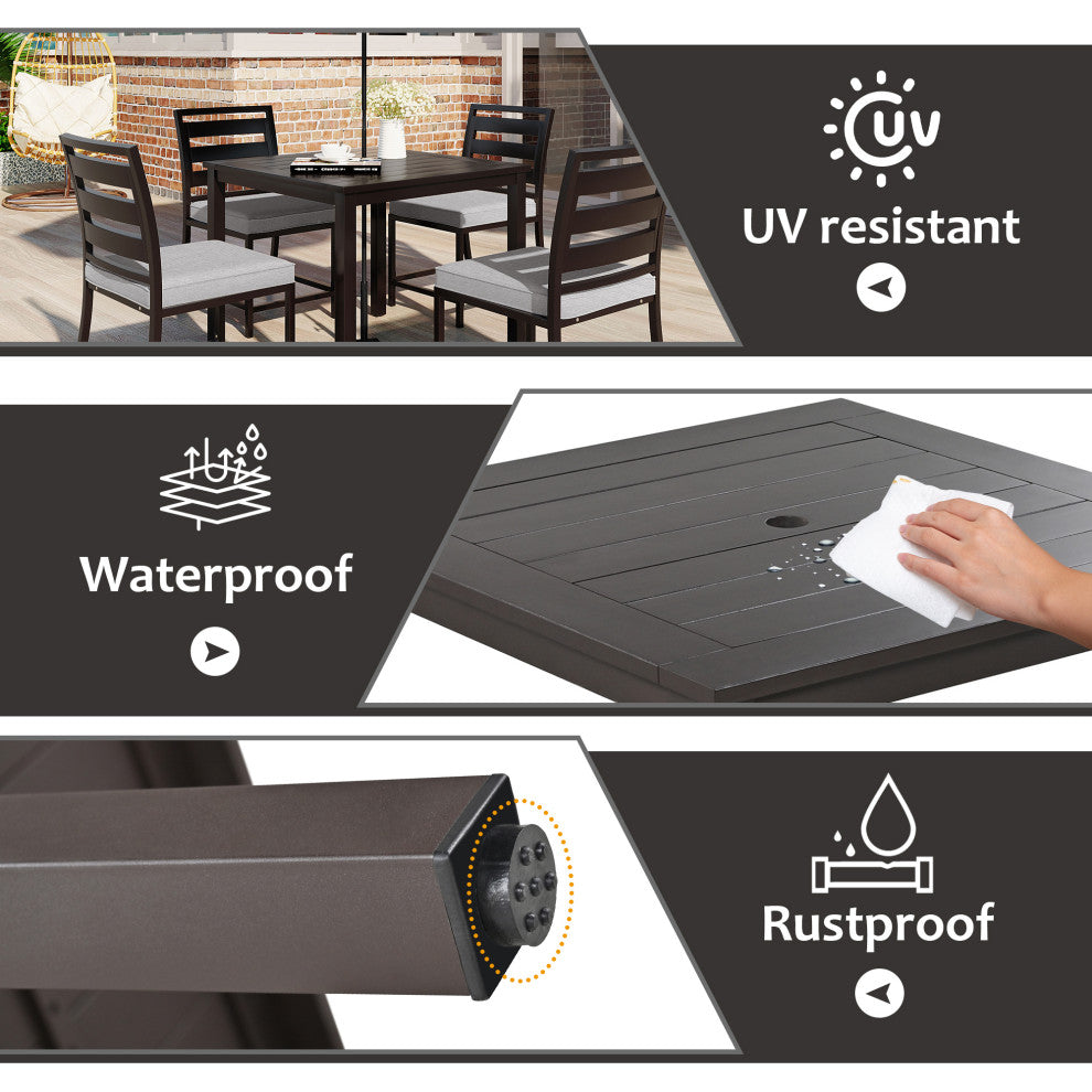 5-Piece Outdoor Steel Patio Dining Set with table and four chairs, Dark Brown