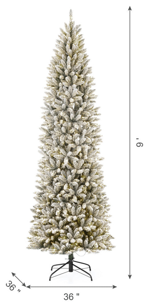 9ft Pre-Lit Flocked Pencil Fir Artificial Christmas Tree With 600 Warm Light