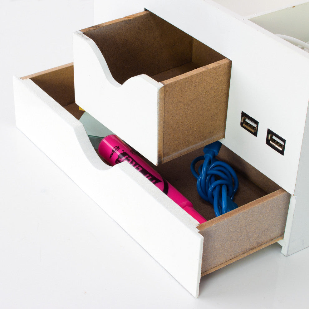 American Art Decor All-in-One USB charging 5 Compartments Desk Organizer - White