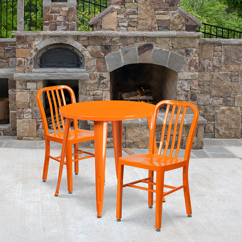 30" Round Orange Metal 3-Piece Table Set With 2 Vertical Slat Back Chairs