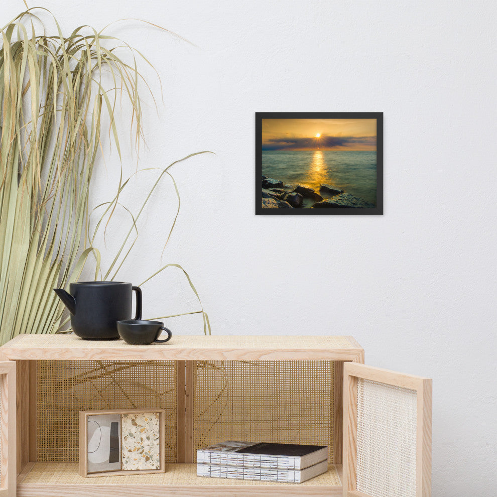 Sun Ray on the Water Coastal Landscape Framed Photo Paper Wall Art Print, Black, 11" X 14"