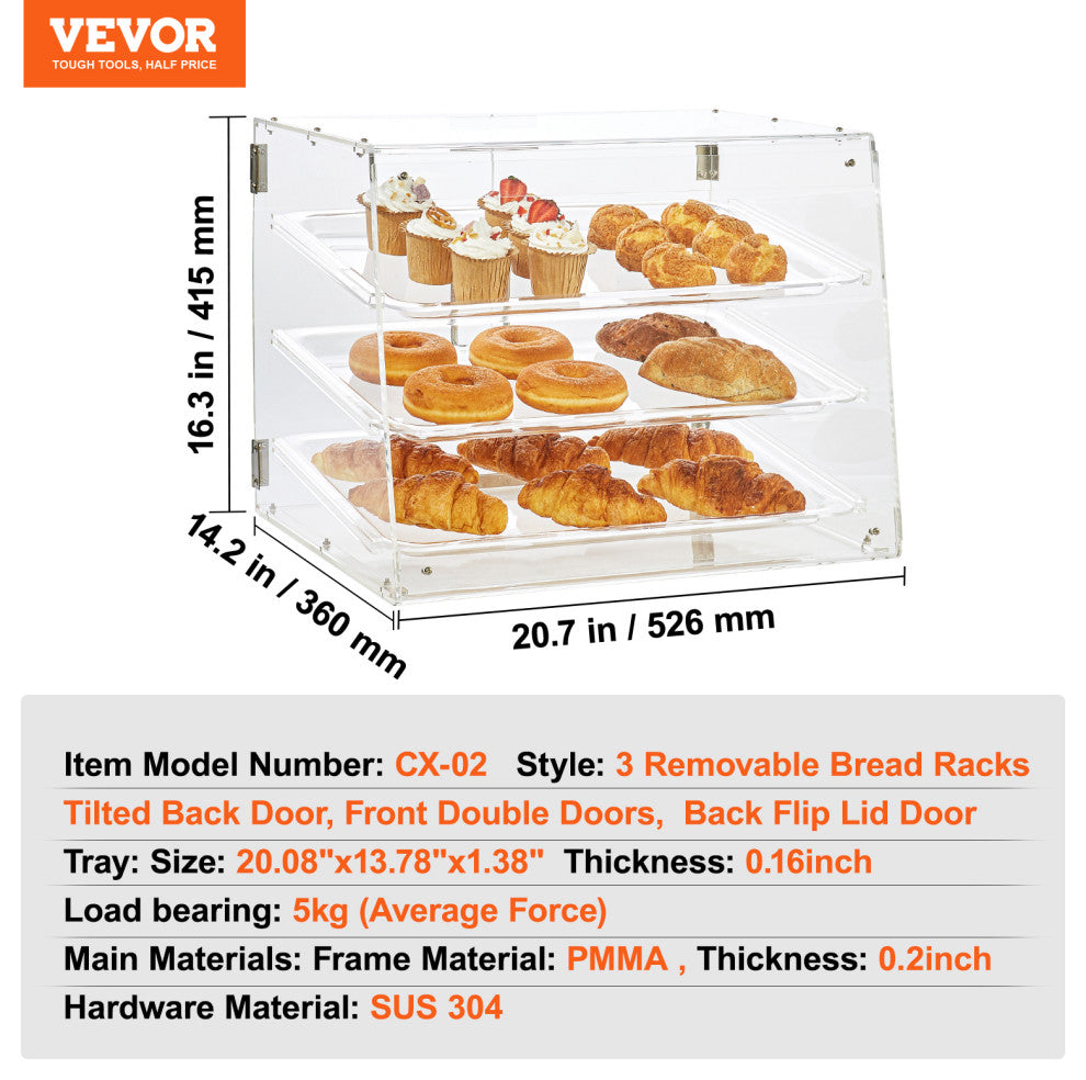VEVOR 3-Tier Acrylic Bakery Display Case Countertop Donut Pastry Case Rear Door