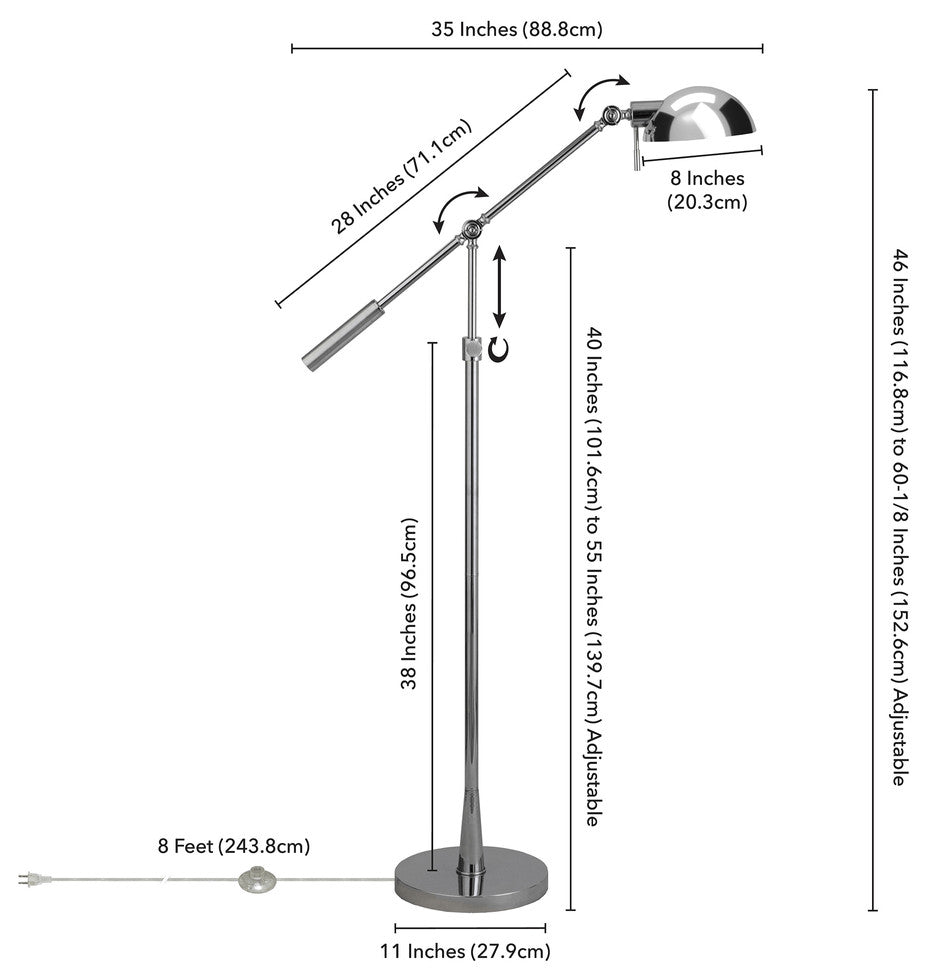 61" Nickel Adjustable Swing Arm Floor Lamp With Nickel No Pattern Cone Shade