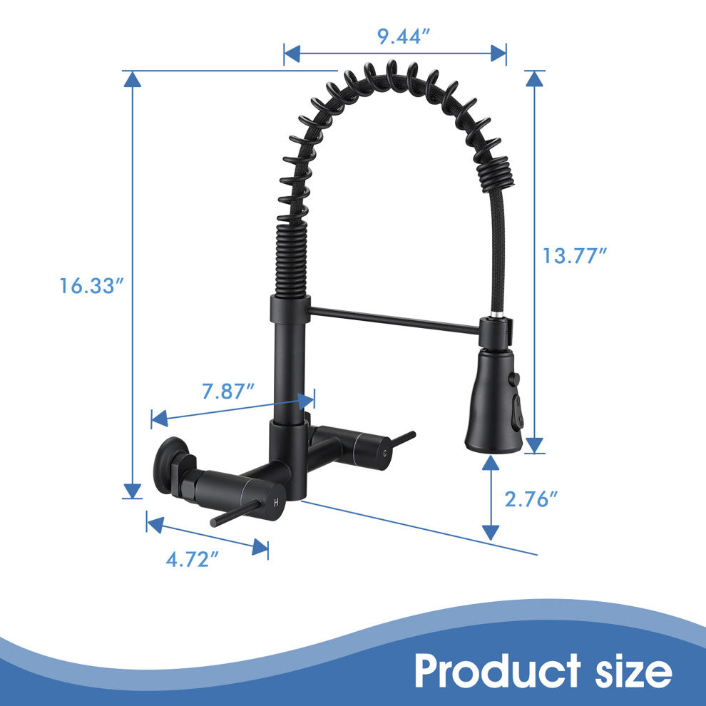Double Handle Wall Mounted Spring Neck Bridge Kitchen Faucet, Matte Black