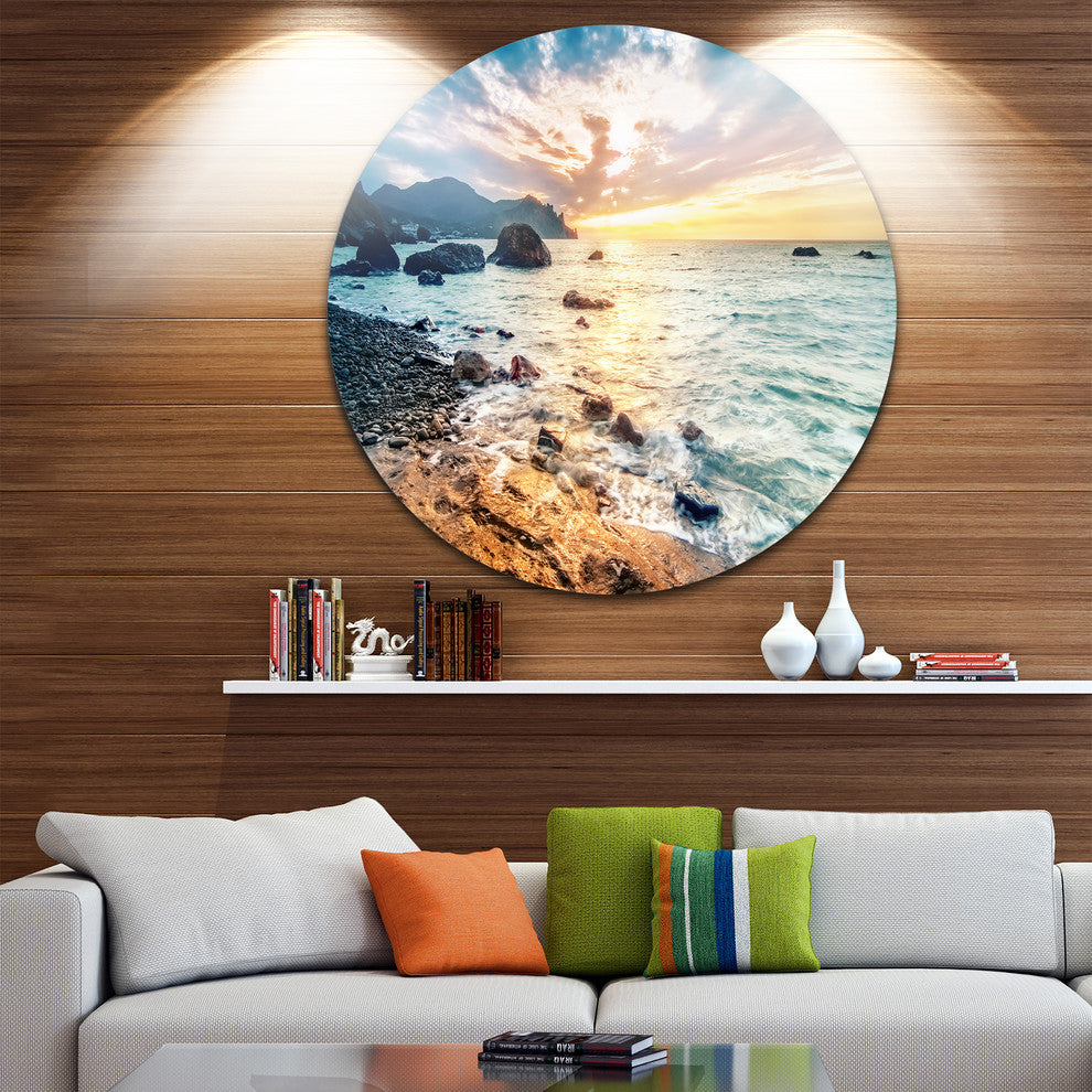 Summer Sea With Mountains And Waves, Seascape Disc Metal Artwork, 36"