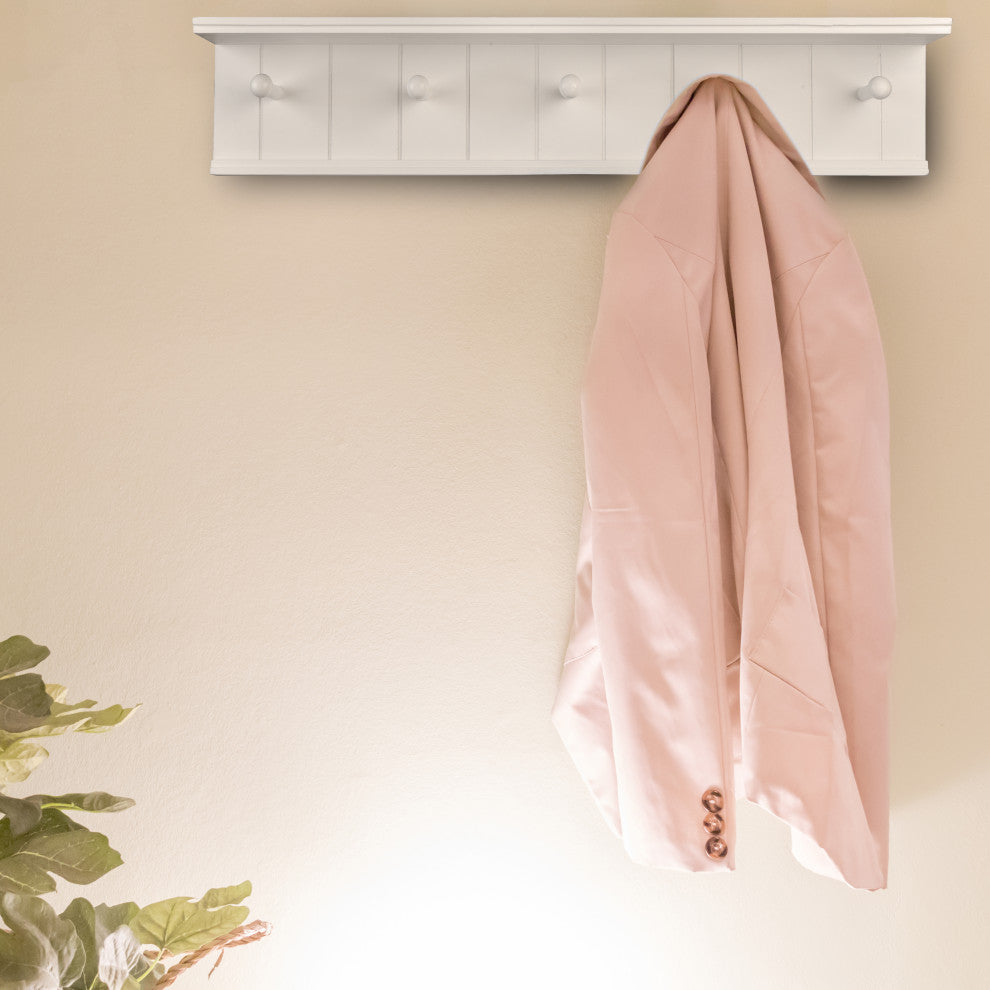 Danya B. 24" Wall Mount Wooden Coat Rack With Hooks and Display Shelf White