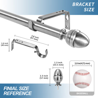 Adjustable Acorn Drapery 5/8" Rod, 48"-84", Brushed Steel