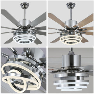 72" Modern 8 Wood Blades Large Ceiling Fan w LED Light, Chrome