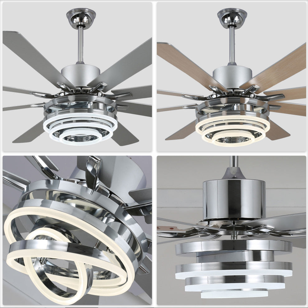 72" Modern 8 Wood Blades Large Ceiling Fan w LED Light, Chrome