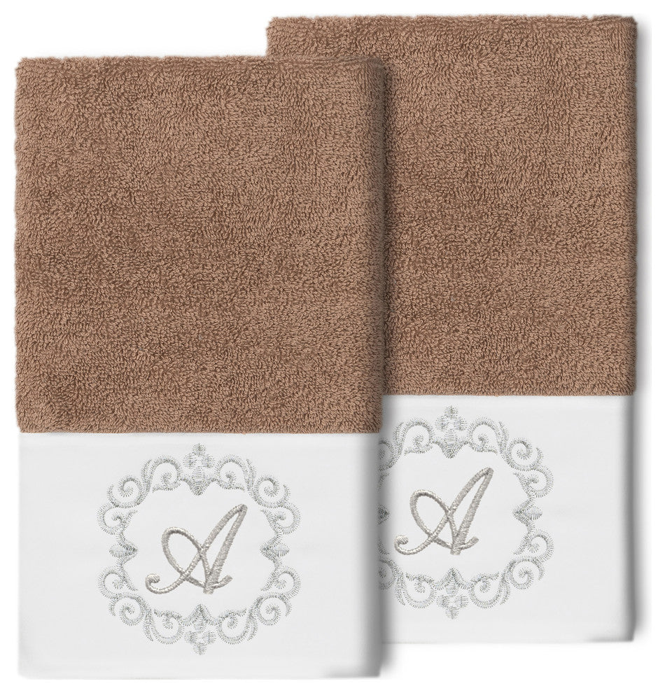 Linum Home Turkish Cotton Monica 2-Piece Embellished Hand Towel Set, Latte