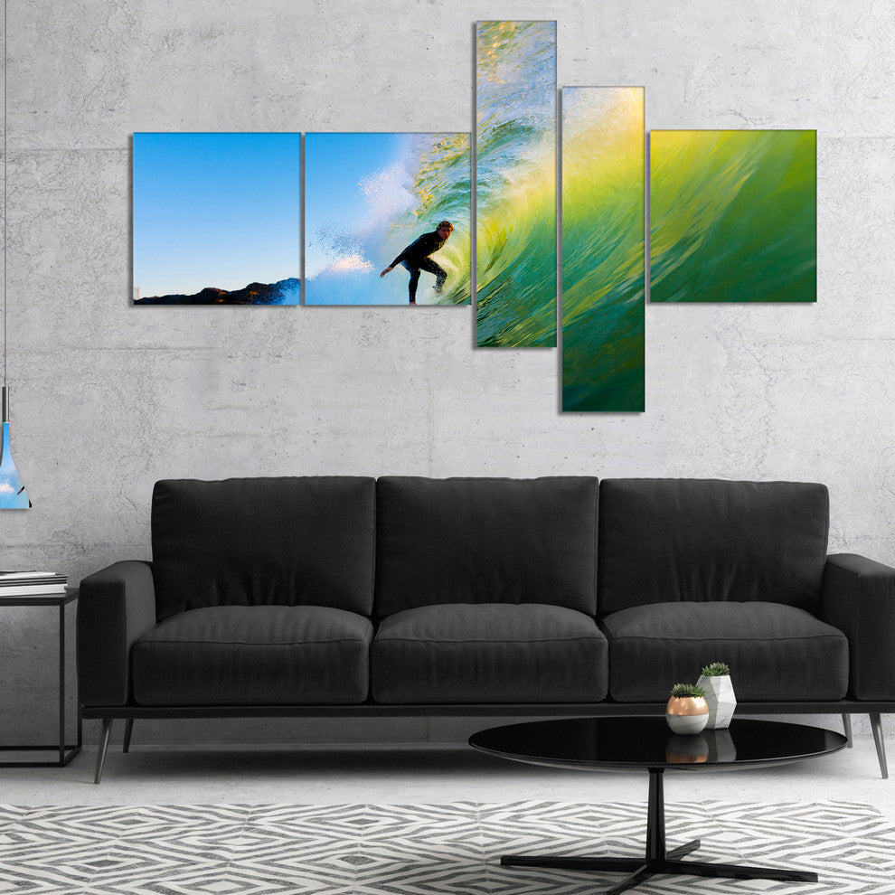 Surfer Beating Green Waves, Photography Canvas Art Print, 60"x32", 5 panels