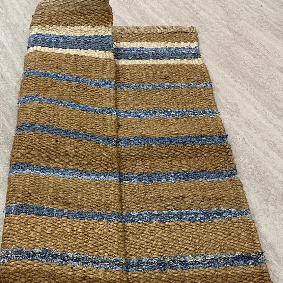 5" x 7" Tan and Blue Striped Area Rug