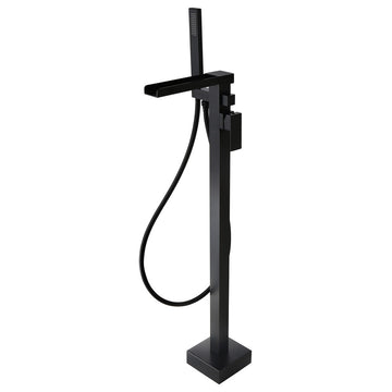 Modern Waterfall Freestanding Bathroom Bathtub Faucet Floor Mount Tub Filler, Matte Black