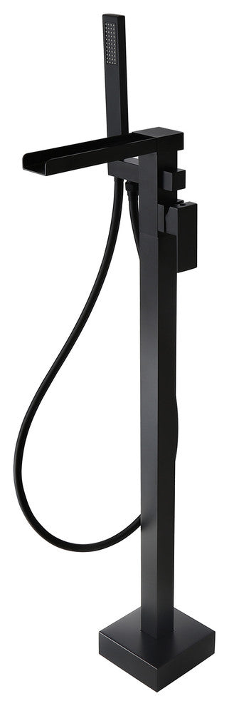 Modern Waterfall Freestanding Bathroom Bathtub Faucet Floor Mount Tub Filler, Matte Black