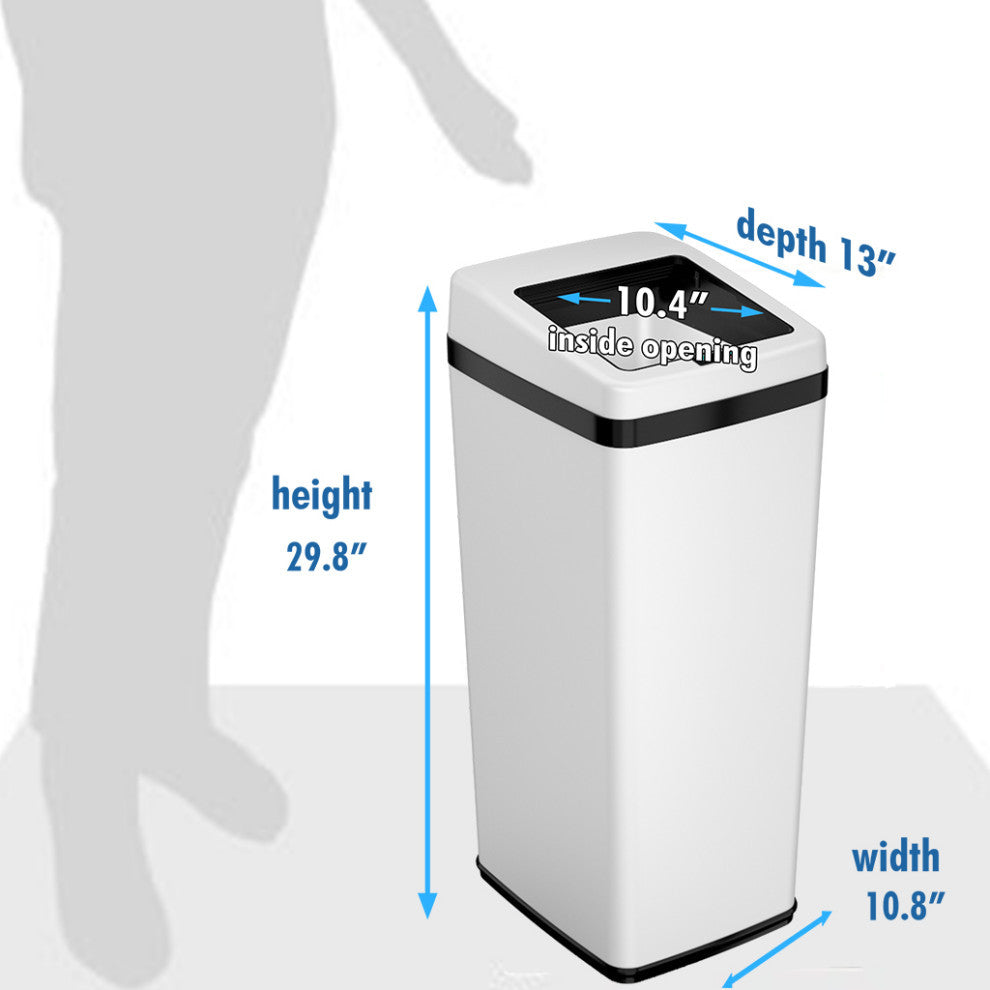 iTouchless 14 Gal Retracting Lid Sensor Trash Can + Odor Filter, White Steel