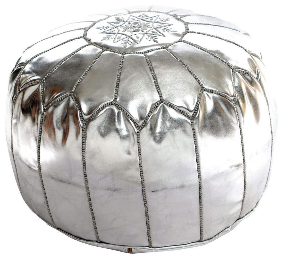 Moroccan Leather Pouf, Silver