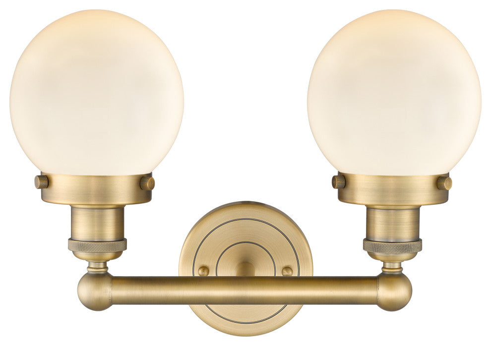 Small Edison Beacon 2-Light 16" Vanity Light, Brushed Brass, Matte White Shade