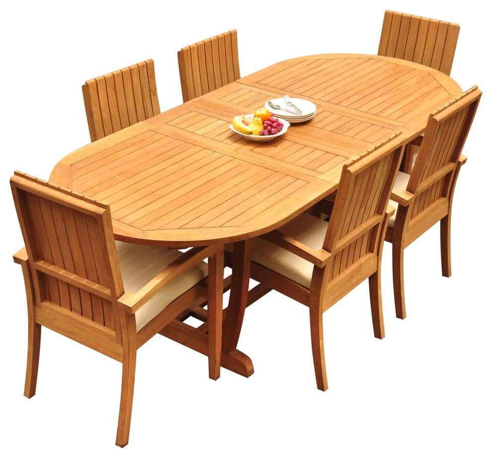 7-Piece Outdoor Teak Dining Set: 94" Masc Oval Table, 6 Goa Stacking Arm Chairs