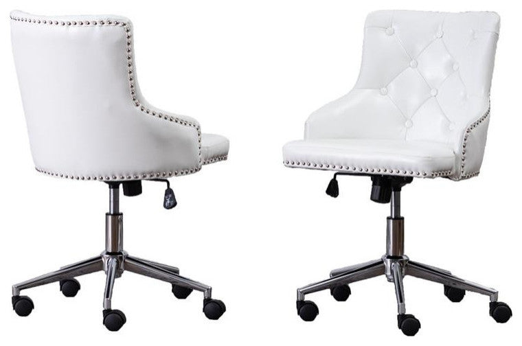Swivel Office Chair in White Faux Leather with Stainless Steel and Tufted Seat