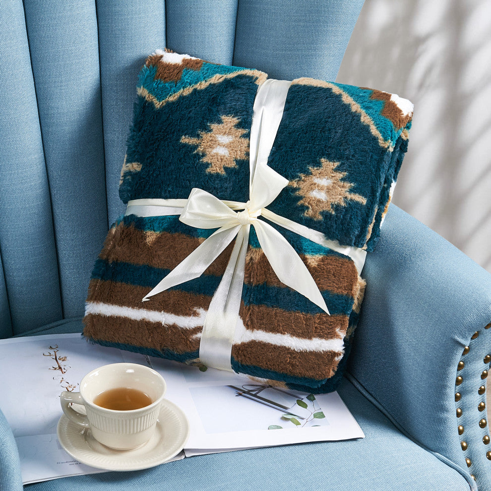 Southwest Faux Fur & Sherpa Backing Throw Blanket, Deep Teal, 60" X 80"