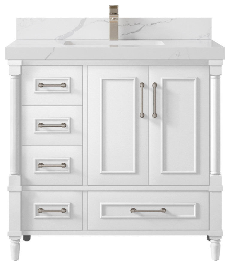 Aberdeen 36 Center Sink Bath Vanity in White 2" Calacatta Laza