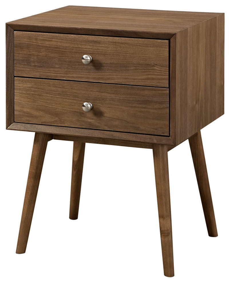 Nightstand Side End Table, Wood, Brown Walnut, Modern Mid-Century Living Room
