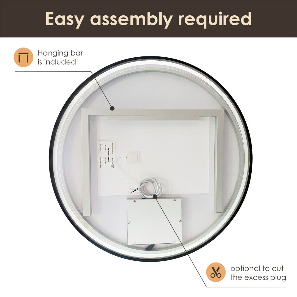 Palme Round Framed Bathroom/Vanity LED Lighted Wall Mirror, Matte Black, 32"