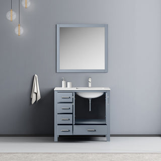 Jacques 36" Vanity, Wht Carrara Marble Top w/ 34" Mirror, Dark Grey, Right