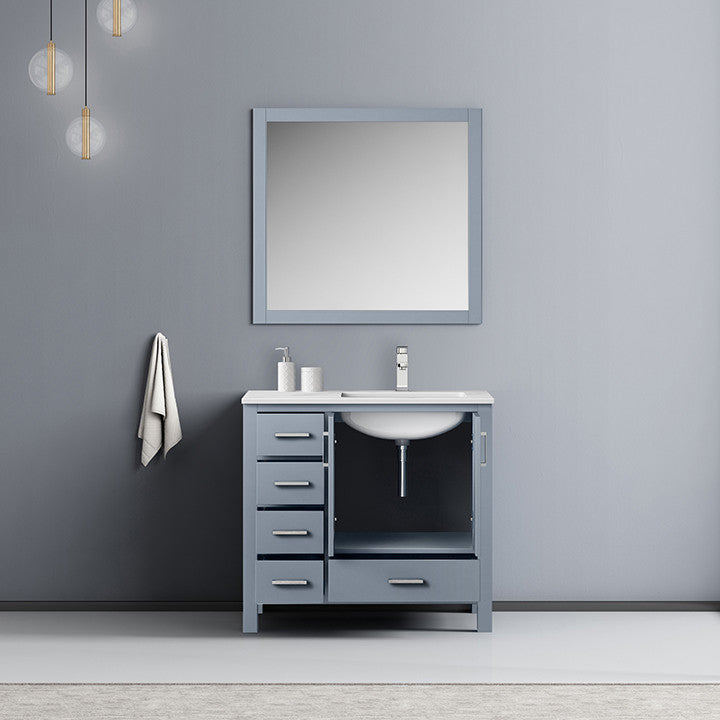 Jacques 36" Vanity, Wht Carrara Marble Top w/ 34" Mirror, Dark Grey, Right
