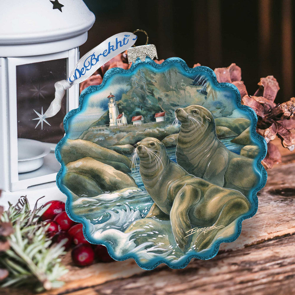 Lions of the Sea Lighthouse Caves Wreath Glass Ornament