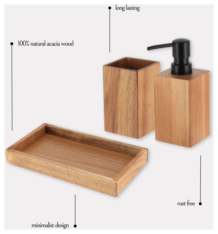Acacia Bathroom Accessory Set 3-Pieces Rectangular