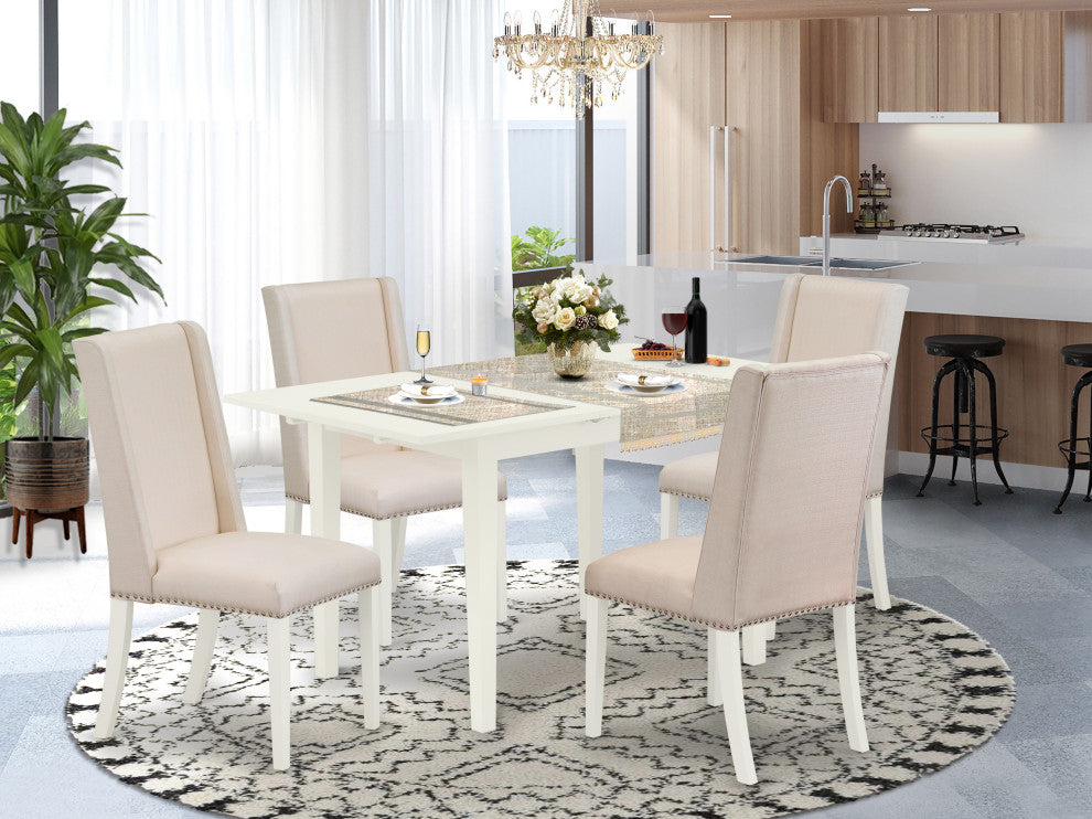 5Pc Kitchen Set, Upholstered Chairs, Butterfly Leaf Wood Table, Linen White