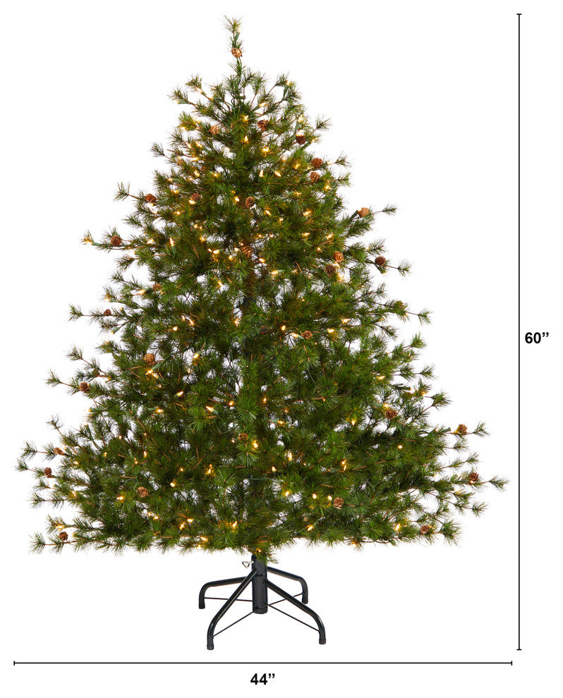 5' Colorado Mountain Pine Faux Xmas Tree W/Lights, Bendable Branches & Pinecones