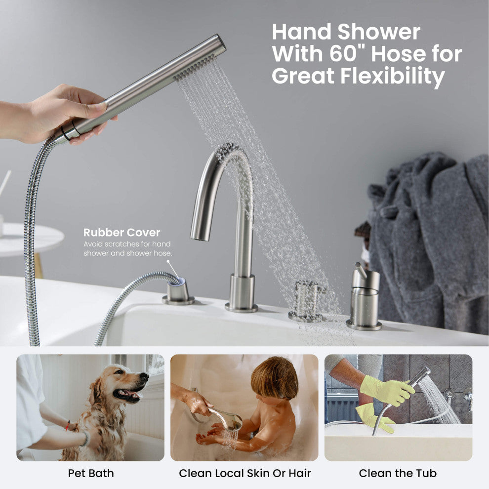 Circular Deck Mounted Bathtub Faucet With Hand Shower, Brushed Nickel