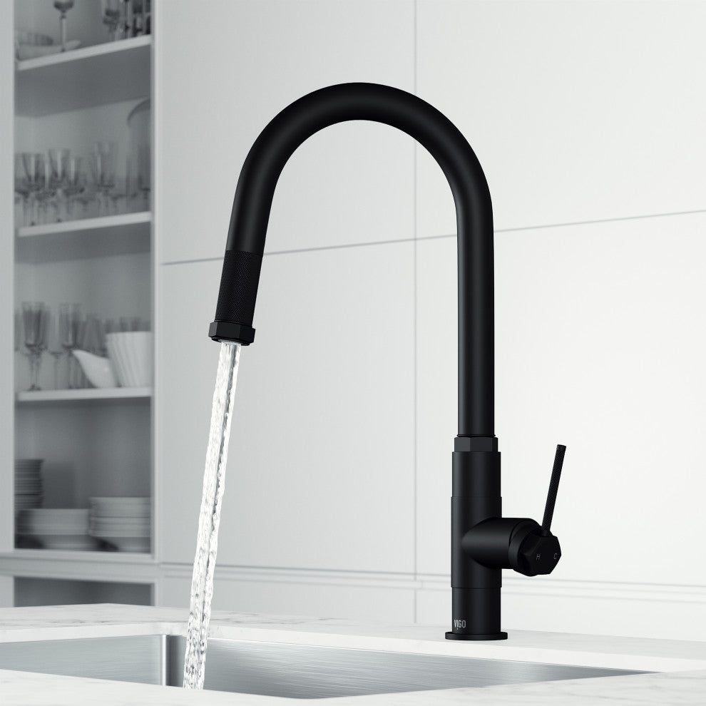 VIGO Hart Arched 18" H Single Handle Pull-Down Kitchen Faucet, Matte Black, Without Extras