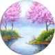 Flowering Trees Over Lake, Landscape Round Wall Art, 11"