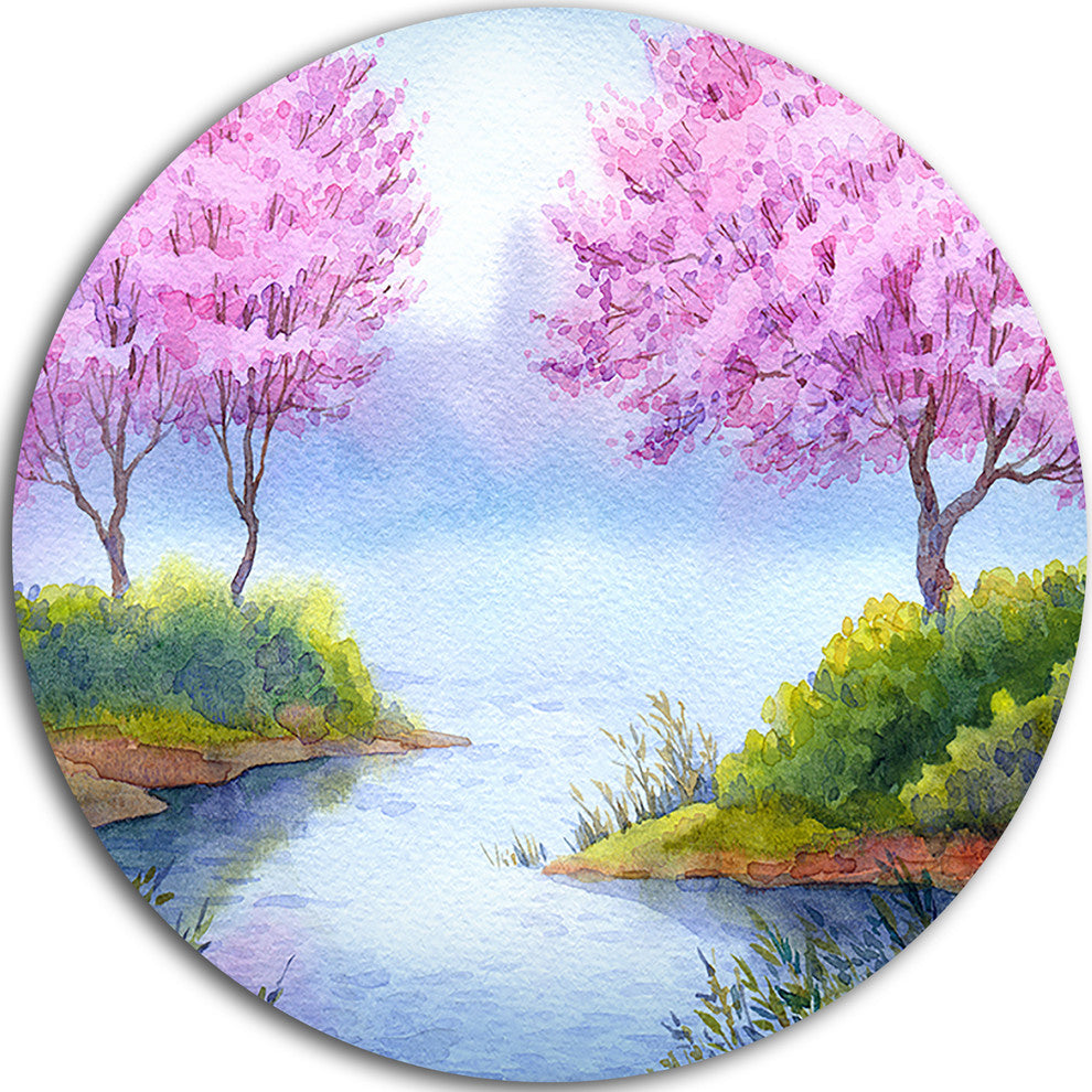 Flowering Trees Over Lake, Landscape Round Wall Art, 11"