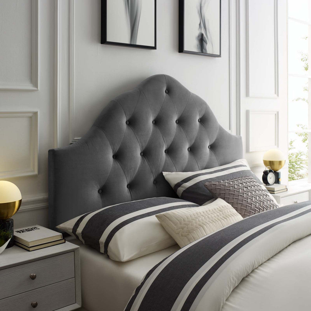 Contemporary Modern Queen Size Tufted Headboard, Velvet Fabric, Grey Gray