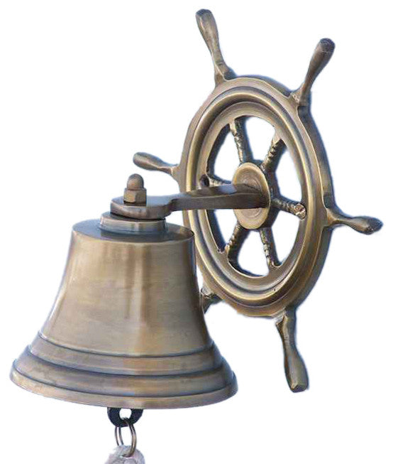Antique Brass Hanging Ship Wheel Bell 7'', Brass Bell, Nautical Decor