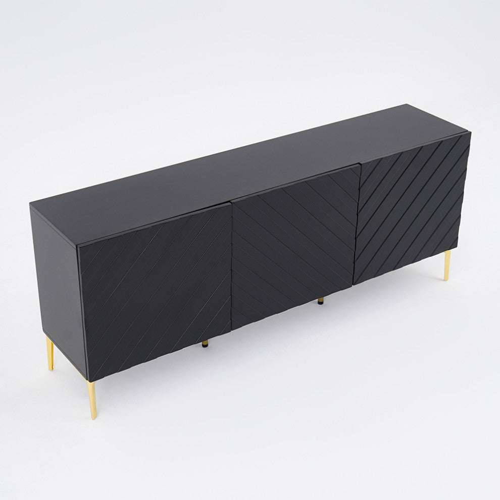 Modern 70.9" Black Buffert Sideboard Table with Gold Legs & 3 Doors, Black