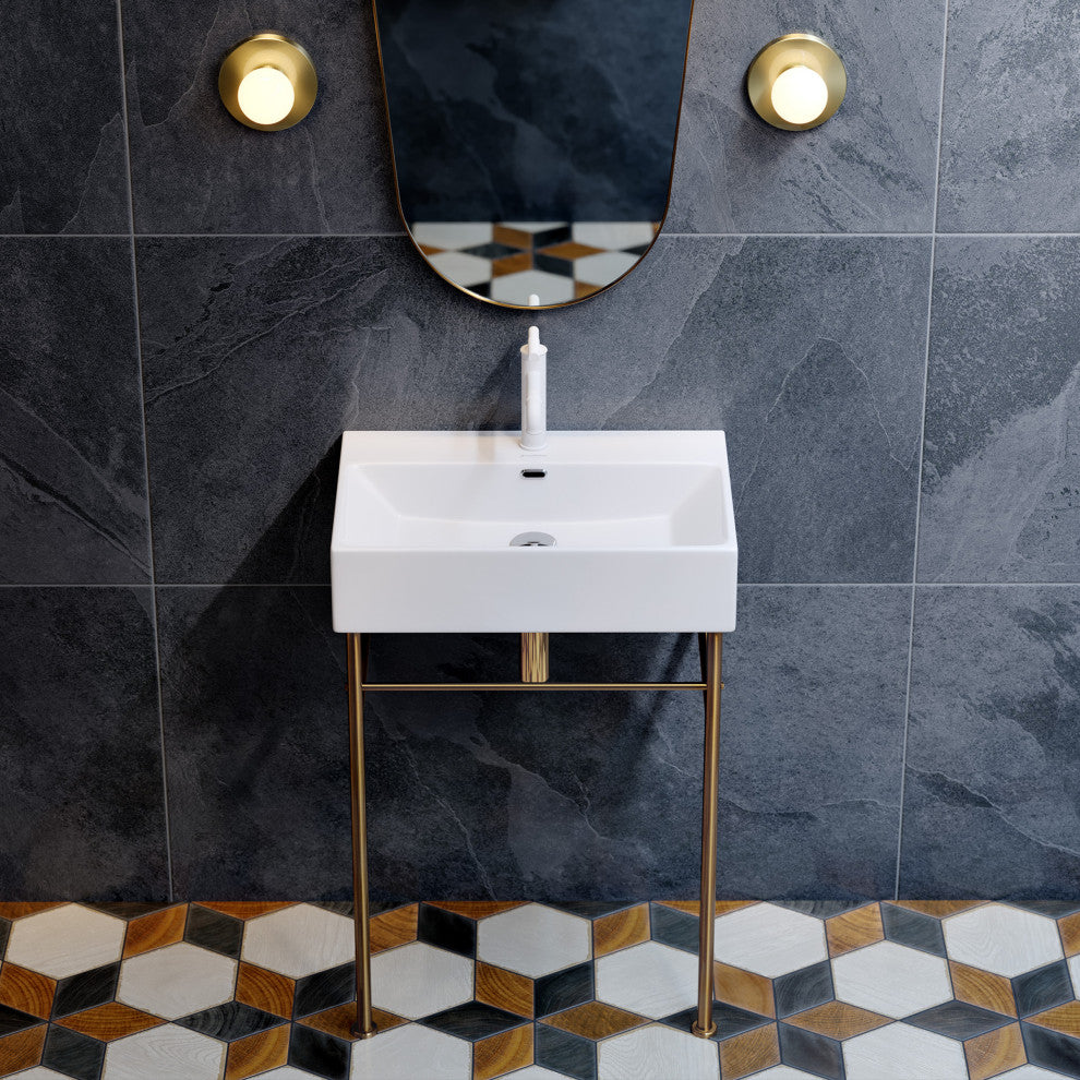 Claire 24" Ceramic Console Sink White Basin Gold Legs, Brushed Gold