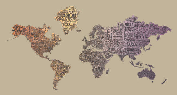 1-World Text Map Wall Mural, Desert Fade, Wallpaper, 8 panel, 142x76"