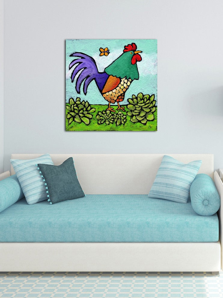 "Rooster and Butterfly" by Janet Nelson Print Wrapped Canvas, 32x32