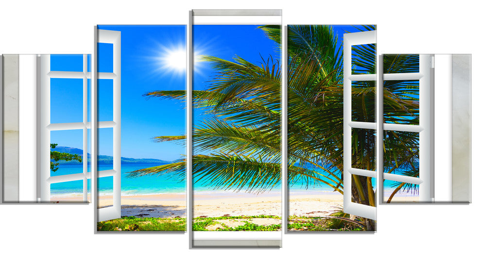 "Window Open To Beach With Palm" Seashore Wall Art, 5 Panels, 60"x32"