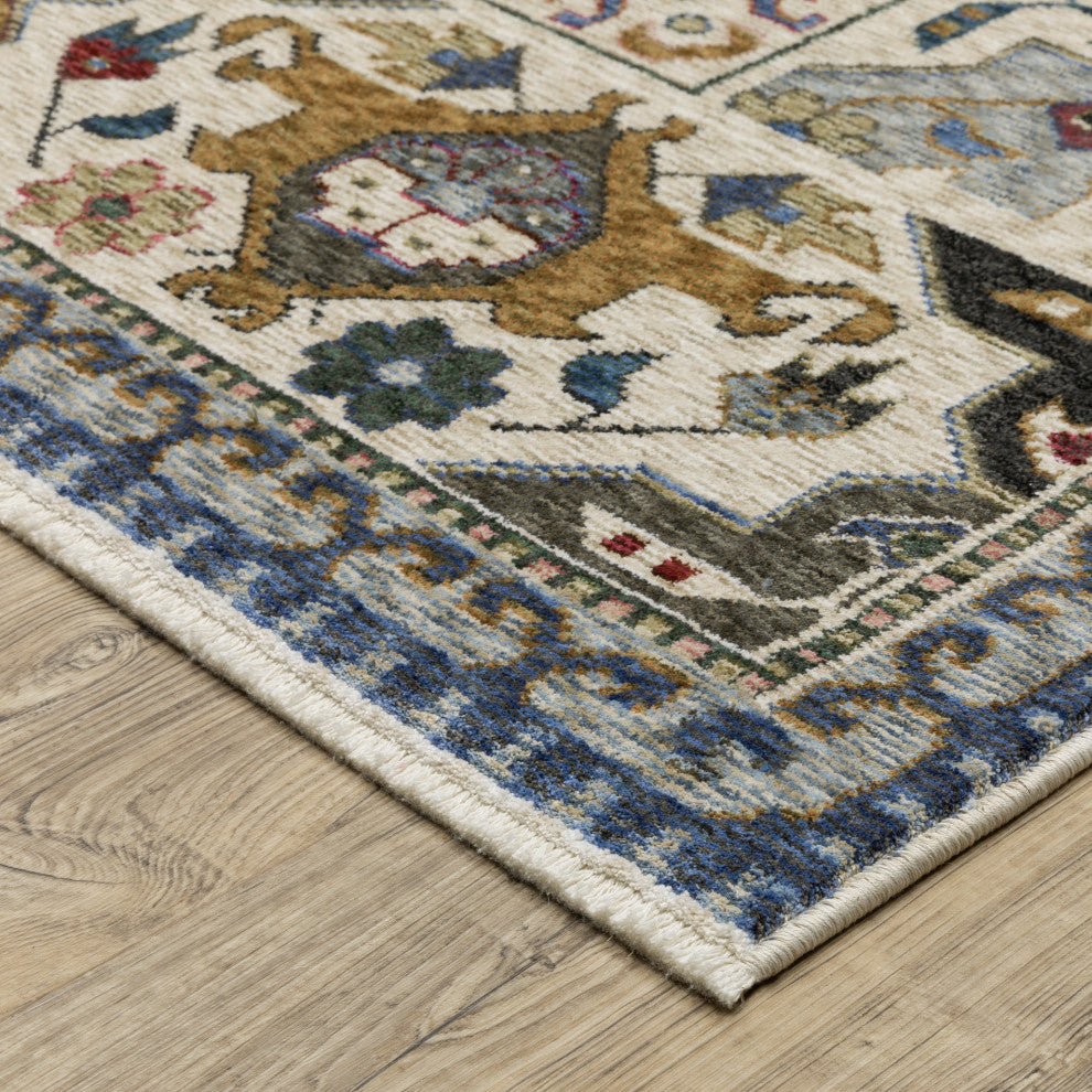 Hanford Bordered Medallions Blue/Grey Fringe Edge Area Rug Runner