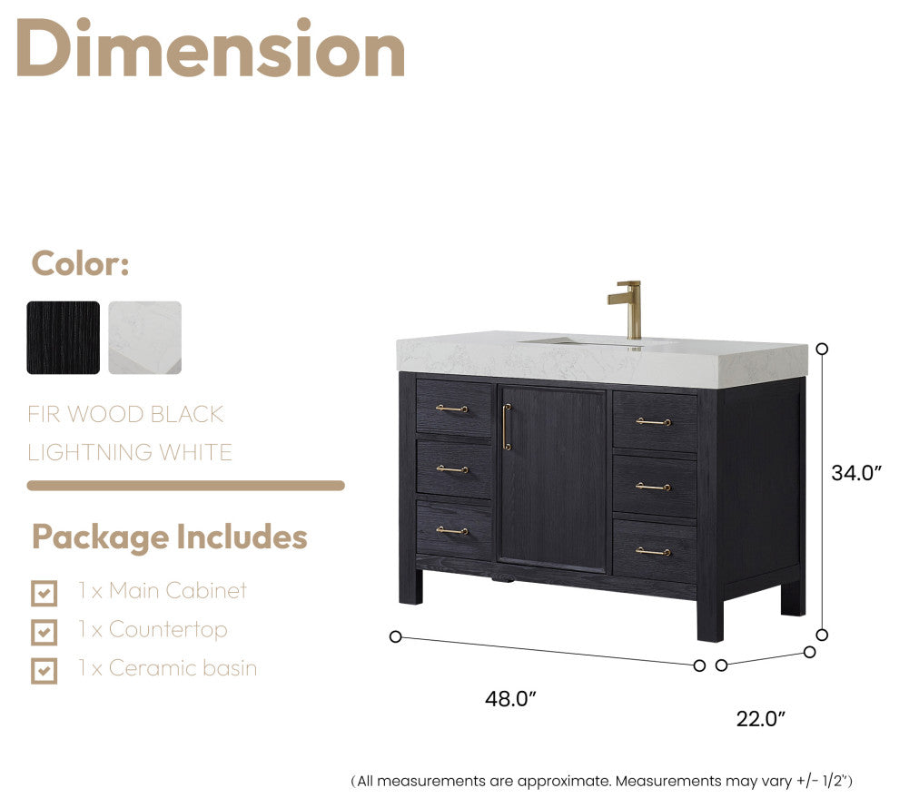 Leon Bath Vanity With Composite Stone Top, Fir Wood Black, 48", No Mirror