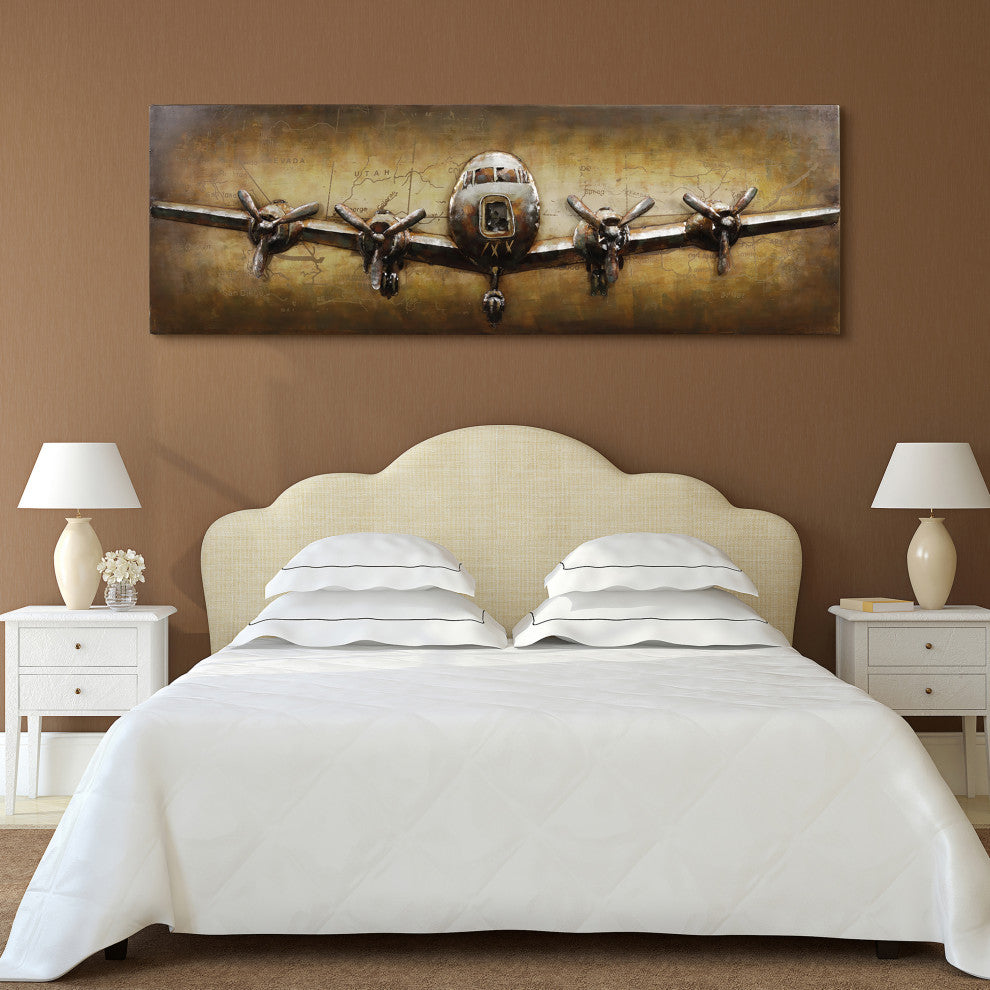 "Airplane" Mixed Media Iron Hand Painted Dimensional Wall Art, 24"x72"