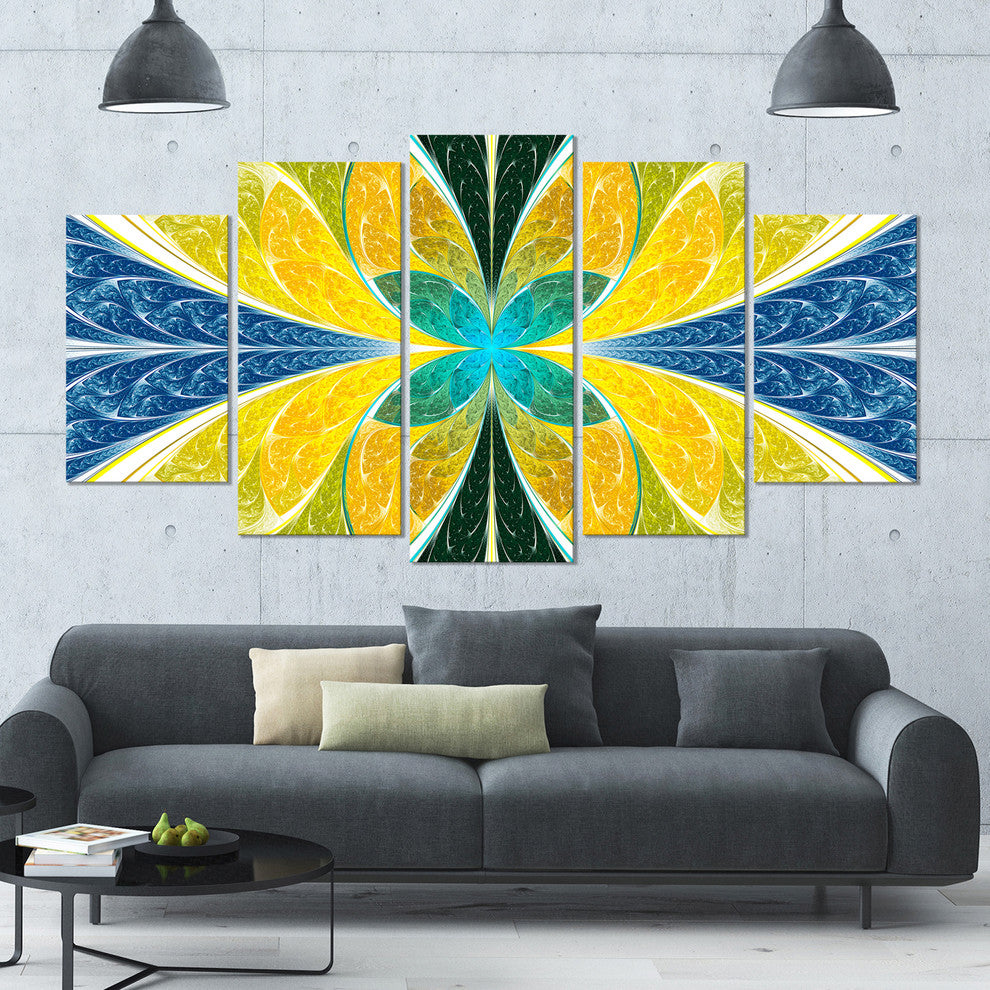 Yellow Fractal Stained Glass, Contemporary Wall Art Canvas, 60"x32", 5 Panels